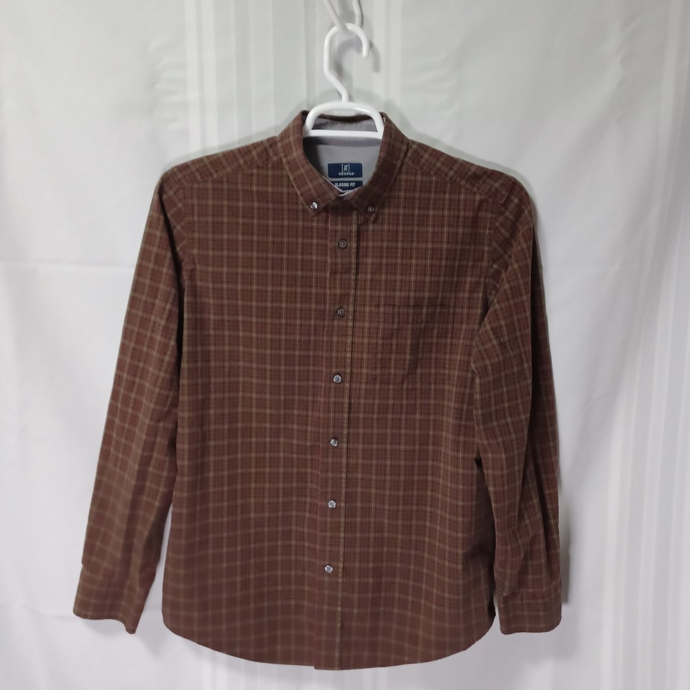 George Button Down Shirt Mens M Brown Plaid Classic Fit Long Sleeve GM31Y057